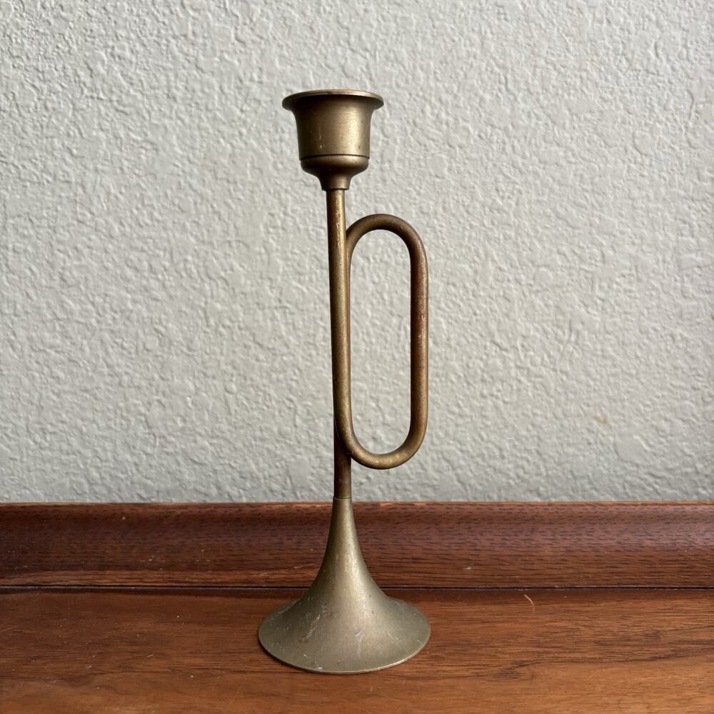Vintage Brass Horn Trumpet Shaped Candle Stick Holder 7” MCM